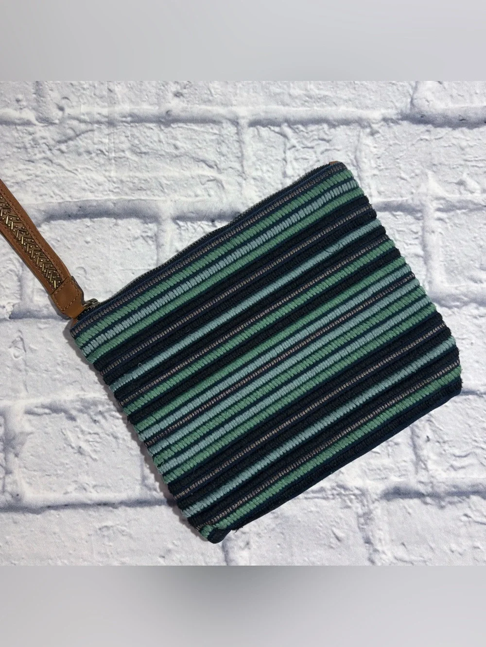 Jasper & Jeera navy/aqua striped stitch-work zipper pouch wristlet